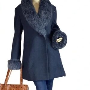 VINTAGE 1990'S SLATE BLUE DONNYBROOK WOOL WITH FAUX FUR TRIM PEA COAT (12)
